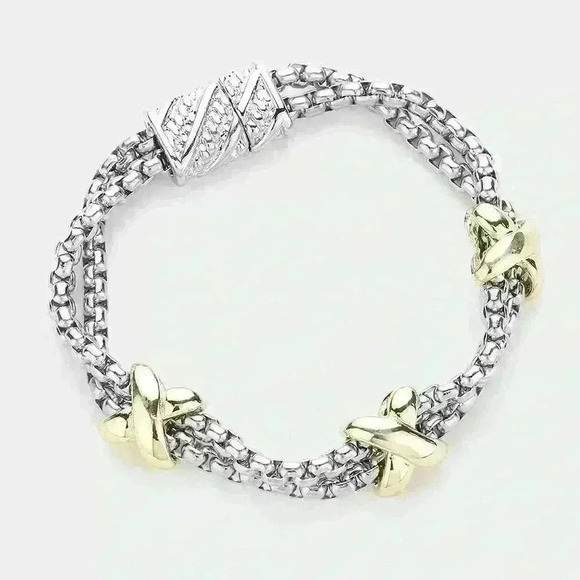 Two Tone 14K Gold Criss Cross Mesh Magnetic Closure Bracelet - Picture 1 of 5